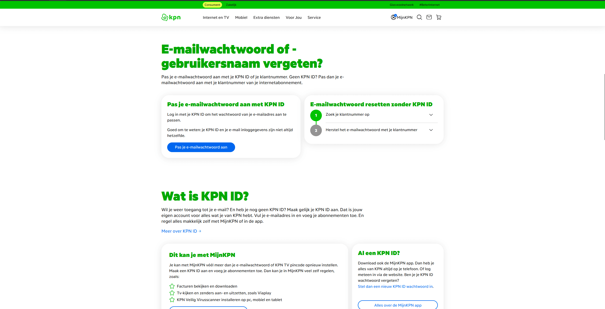 De pagina 'E-mailwachtwoord of -gebruikersnaam vergeten' op kpn.com, met de keuze tussen aanpassen met KPN ID of resetten met klantnummer