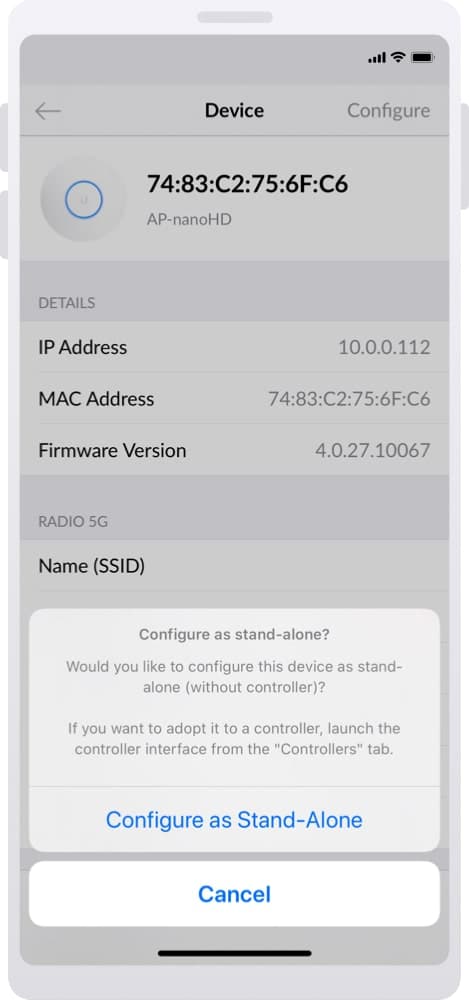 Dialoogvenster in de UniFi-app met de keuze Configure as Stand-Alone