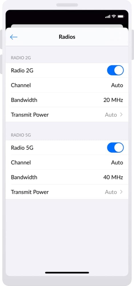 Radio-instellingen in de UniFi-app: 2,4 GHz op 20 MHz en 5 GHz op 40 MHz