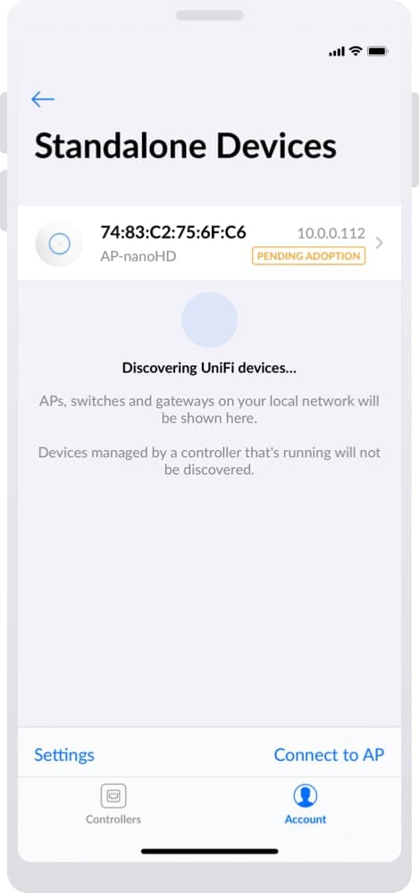 Scherm Standalone Devices in de UniFi-app met een access point in de status Pending Adoption