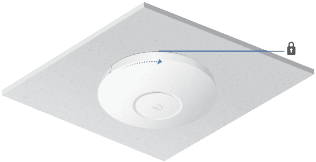UniFi access point wordt op de plafondplaat een kwartslag gedraaid om te vergrendelen