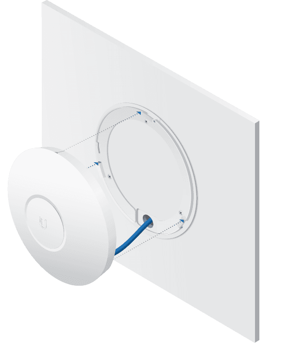 UniFi access point wordt op de montageplaat aan de wand gedraaid tot hij vastklikt
