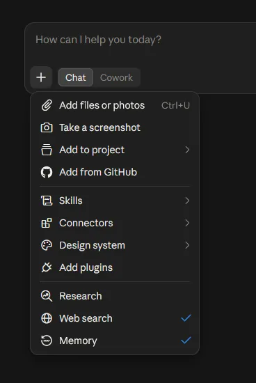 Het plus-menu in Claude AI met opties om bestanden toe te voegen, projecten, skills, connectors, Research, zoeken op internet en geheugen