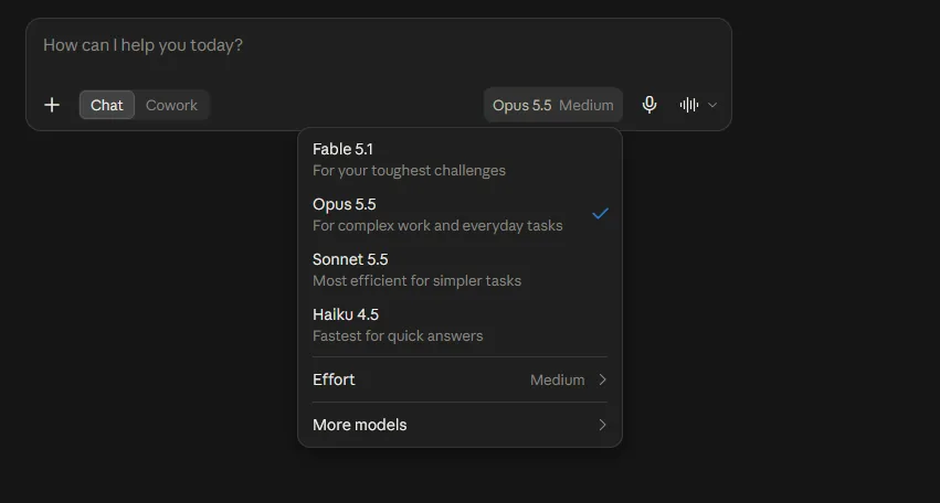 Modelkeuzemenu in Claude AI met Fable 5.1, Opus 5.5, Sonnet 5.5 en Haiku 4.5