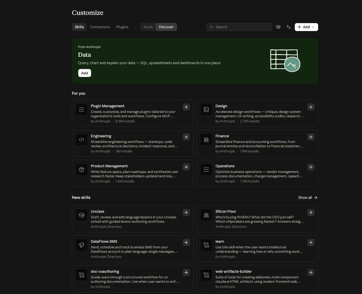 Het Customize-scherm in Claude AI met skills zoals Data, Design, Engineering en Finance, plus tabbladen voor connectors en plugins