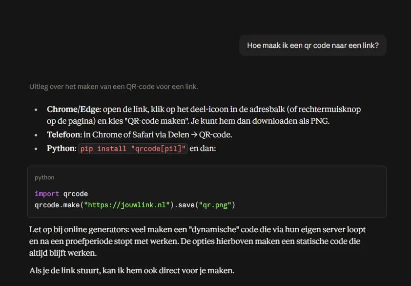 Claude AI beantwoordt de vraag hoe u een QR-code naar een link maakt, met stappen voor Chrome, telefoon en Python