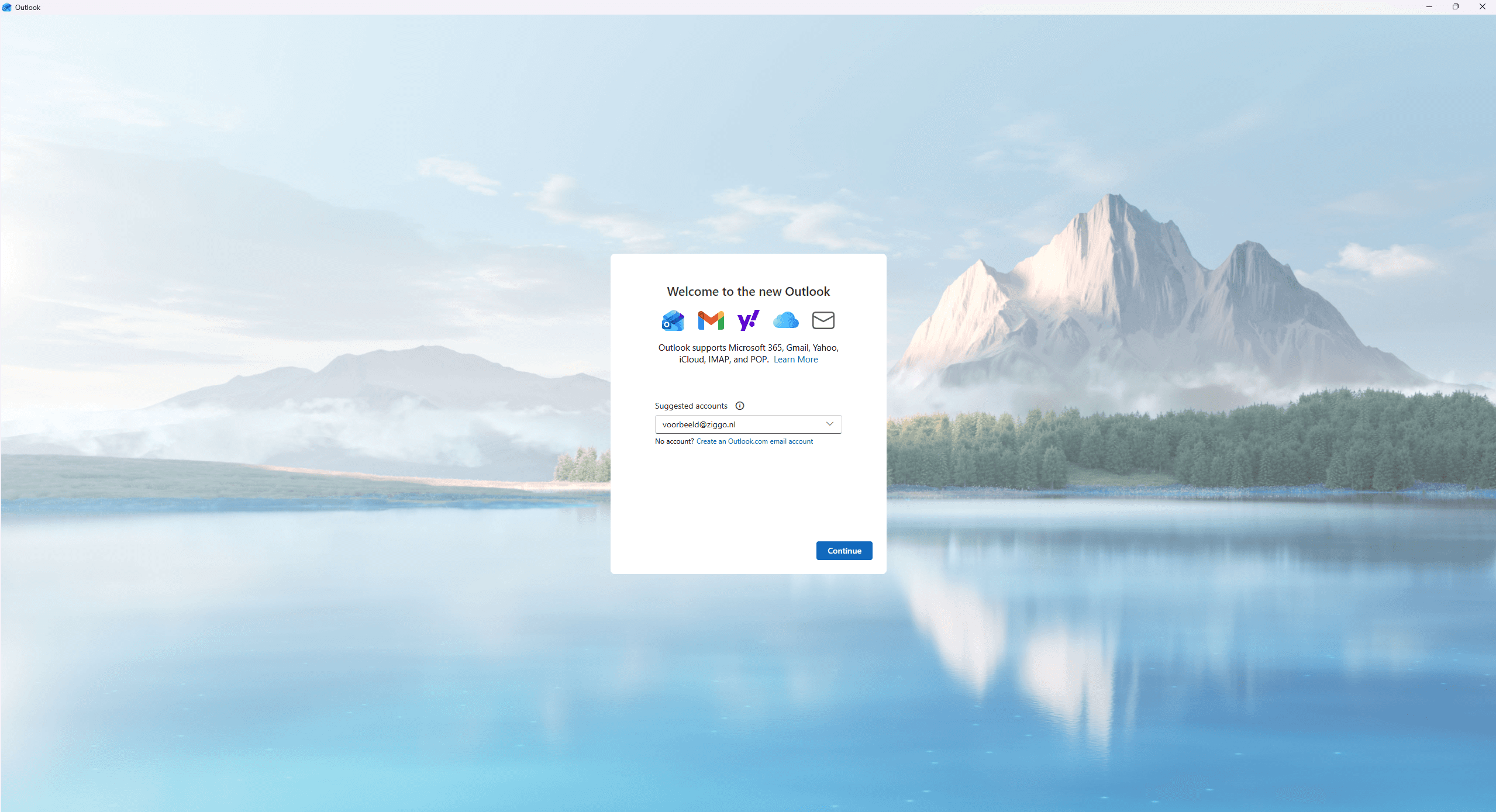 Het welkomstscherm van de nieuwe Outlook waarin een ziggo.nl e-mailadres wordt ingevuld