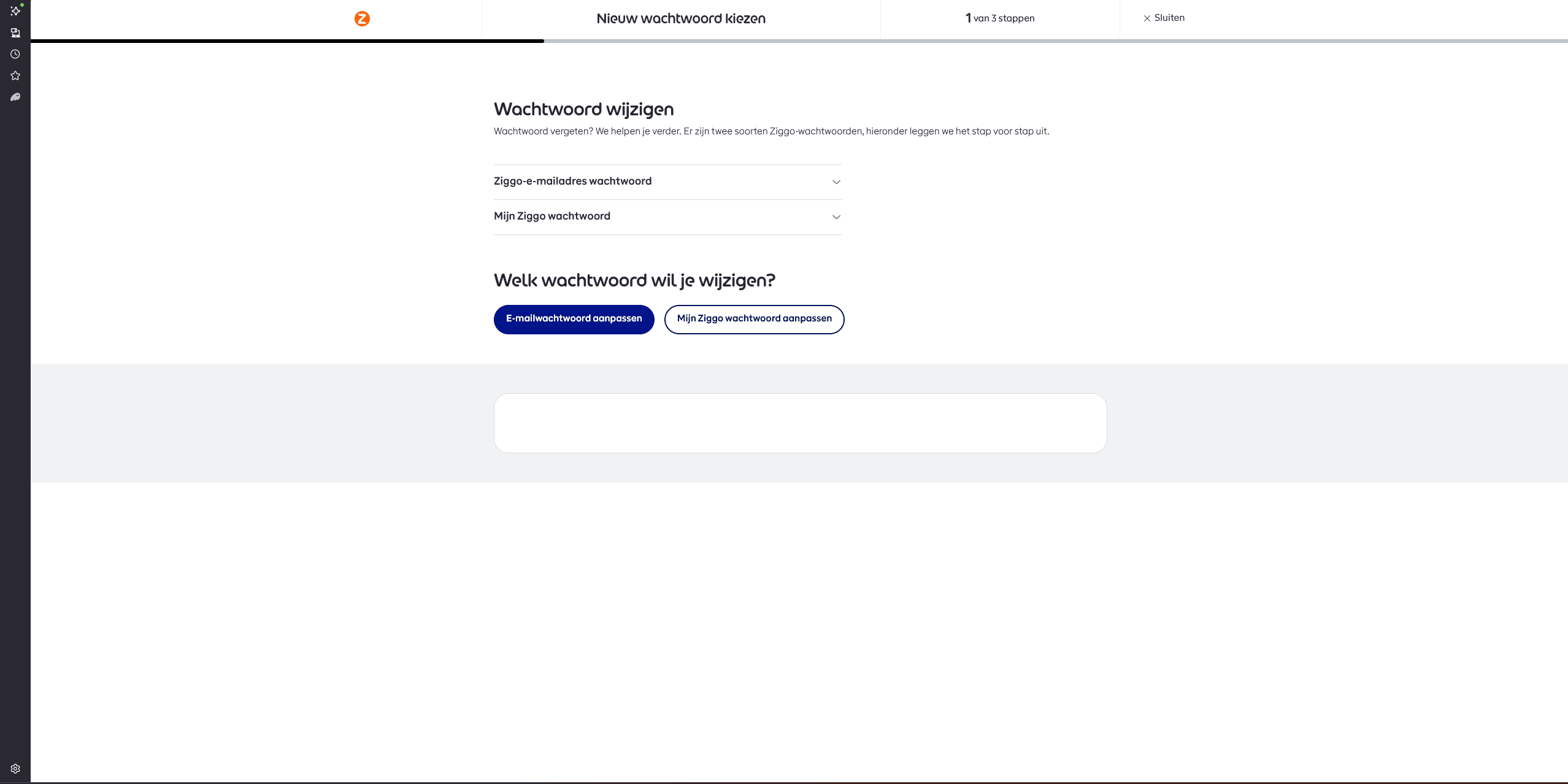 De pagina Wachtwoord wijzigen op ziggo.nl met de keuze tussen het e-mailwachtwoord en het Mijn Ziggo-wachtwoord