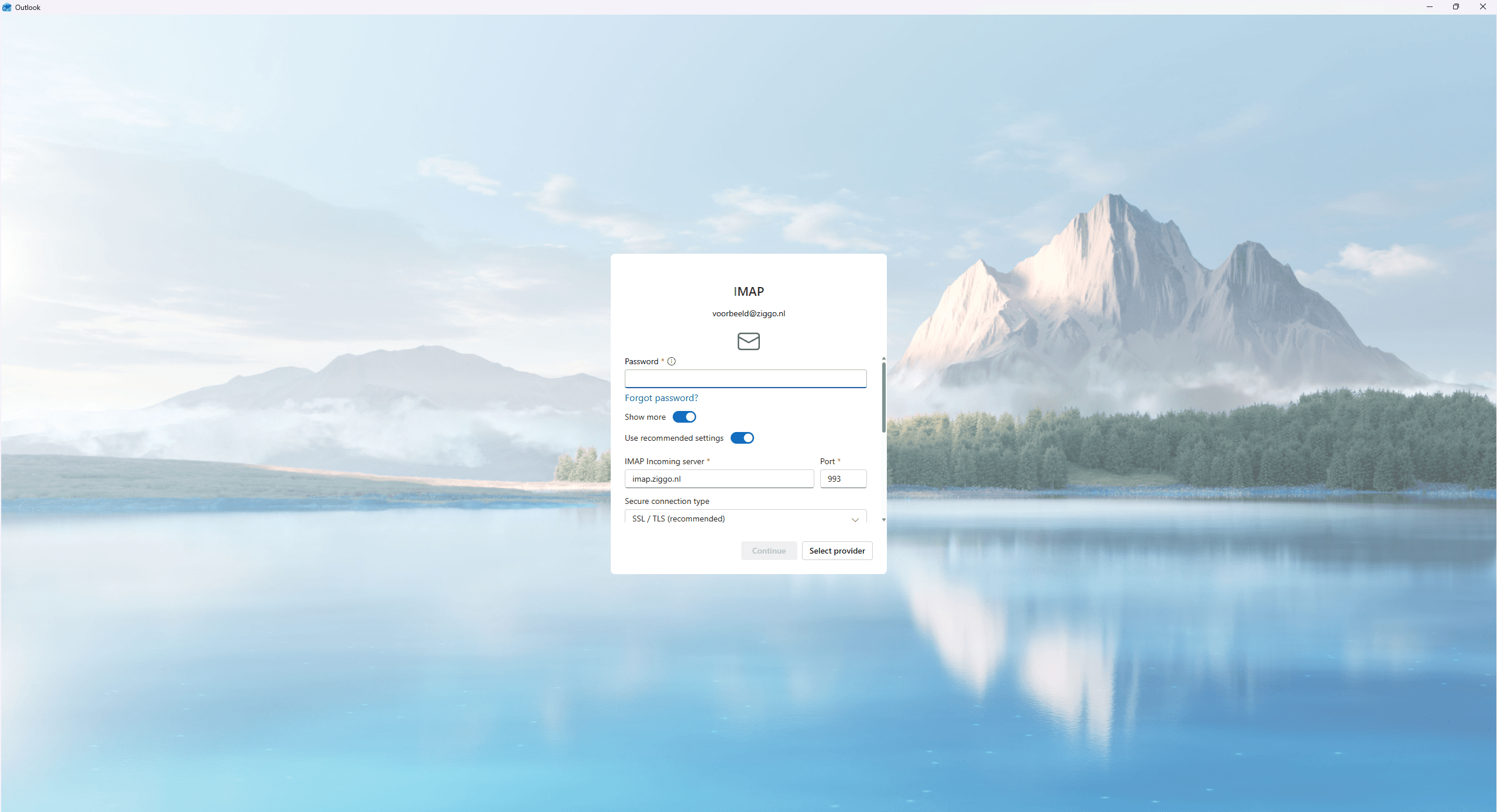 IMAP-instellingen voor Ziggo in Outlook: imap.ziggo.nl, poort 993, SSL/TLS